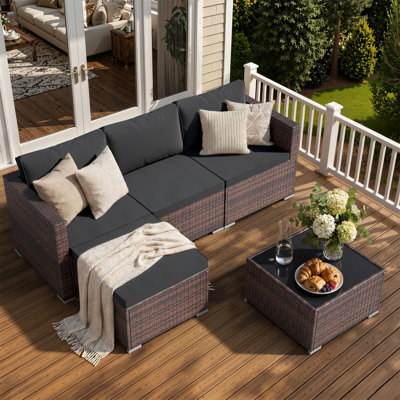  Ensemble de mobilier de patio - Accoudoirs larges - Canapé modulaire d'extérieur en osier 5 pièces avec méridienne, ensemble de conversation, canapé en rotin PE pour porche de jardin brun / gris moyen