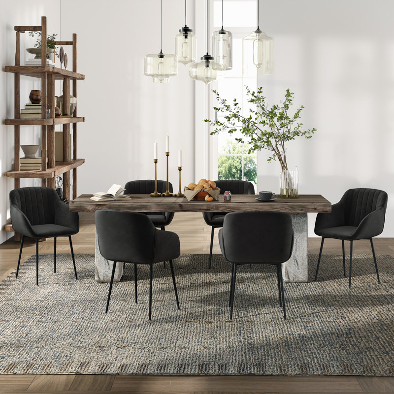Ohio Modern Upholstered Dining Chairs with Metal Legs, Black Velvet, 6