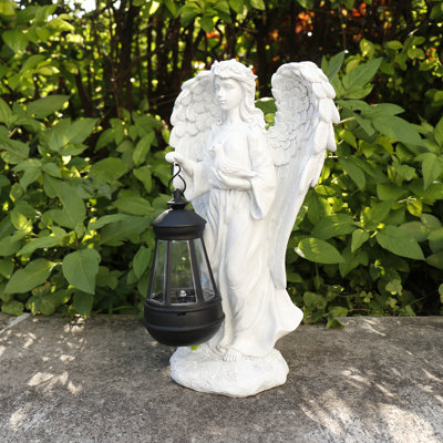12" H Resin Angel Garden Statue with Glowing Lantern and Dove - Weather Resistant Winged Angel Figurine Memorial Sculpture for Patio, Yard, and Porch Decor