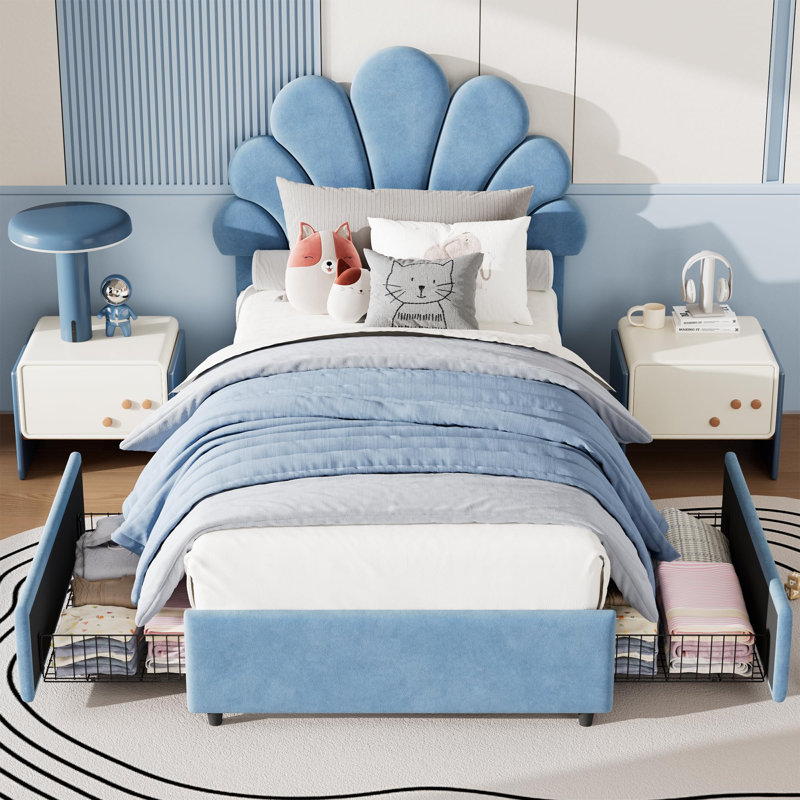 Cadre de lit simple pour enfants - Tête de lit en velours de style princesse avec 2 tiroirs de rangement. Structure de lit tapissier avec support en lattes de bois