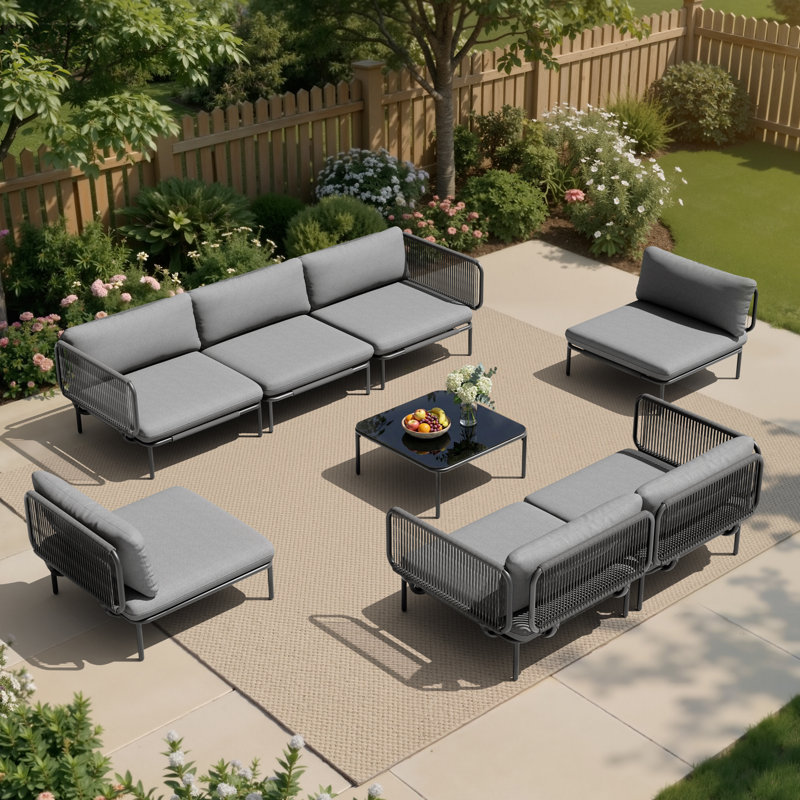 Ensemble de conversation modulaire d'extérieur 7 pièces avec table basse, Coussin gris / cadre noir