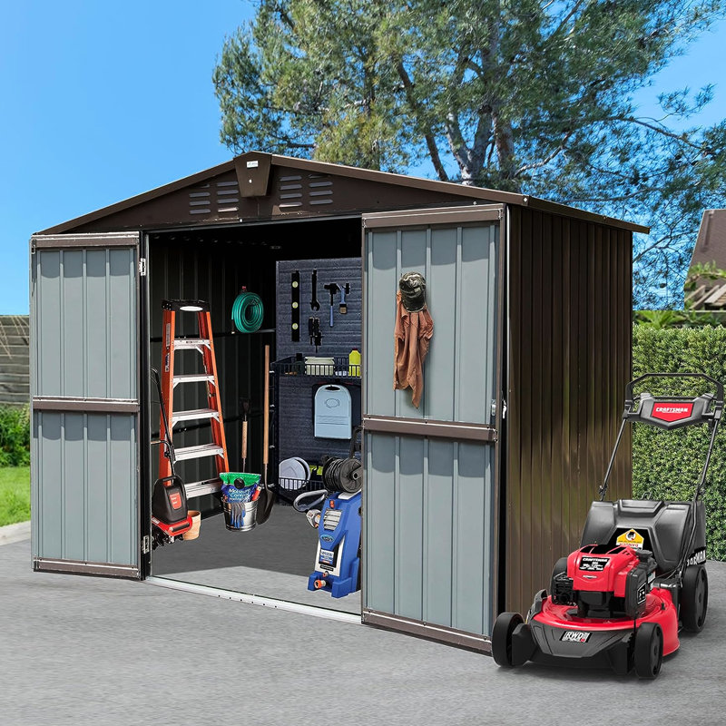8.2' X 6.2' Outdoor Storage Container - Metal Steel For Patio Garden Double Lockable Doors & Air Vents , Rust-, Brown Building Lawn ,