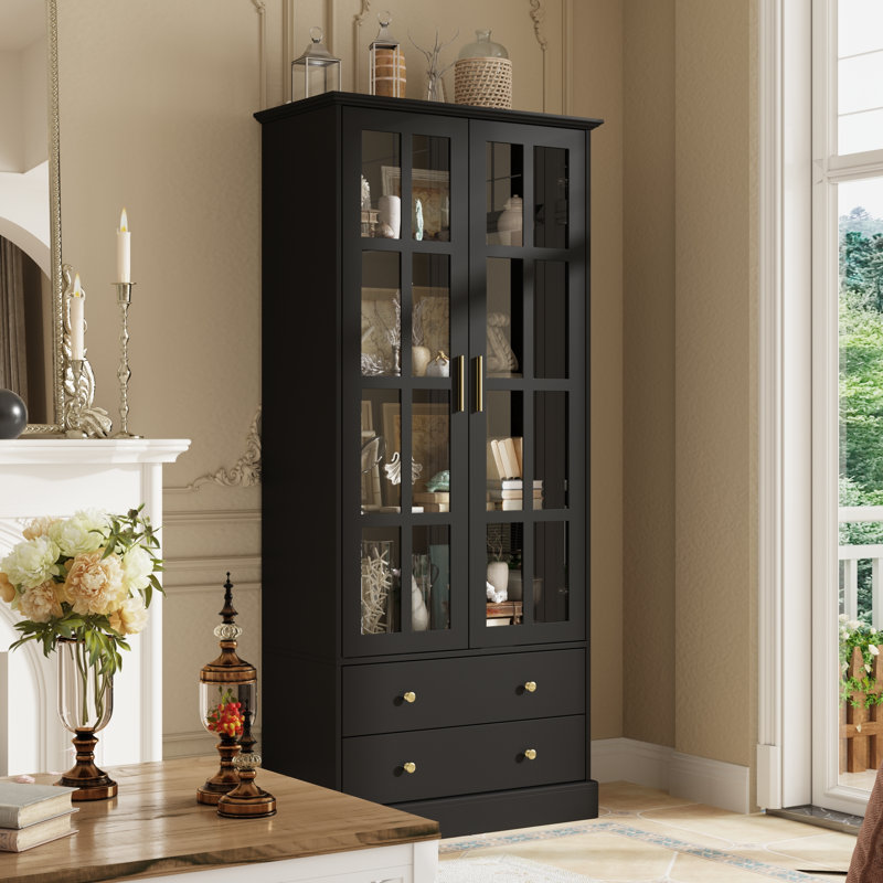 70''H Bookcase With Drawers And Glass, Black