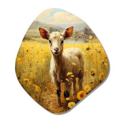 Cute Goat Portrait In Meadow II - Asymmetrical Goat Metal Wall Art, Unique Shape Metal Wall Sculpture Print