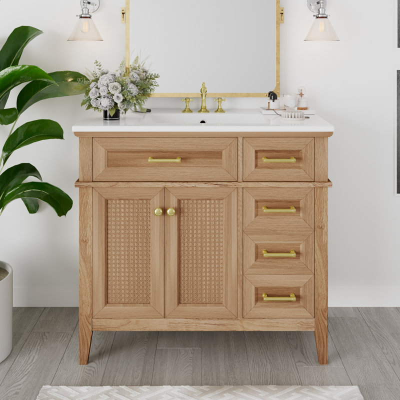 Meuble-lavabo simple 36 po avec lavabo en céramique, Chêne brun