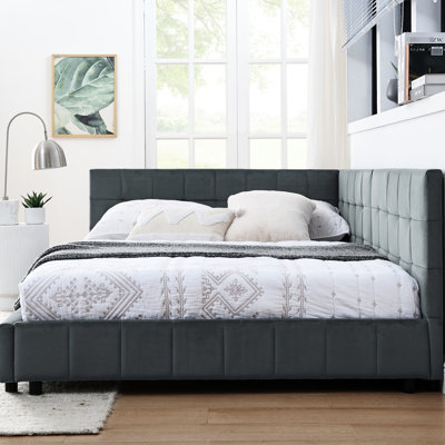 Full Size Bed Frame In Velvet With Armrest For Bedroom And Living Room Modern Covering Use