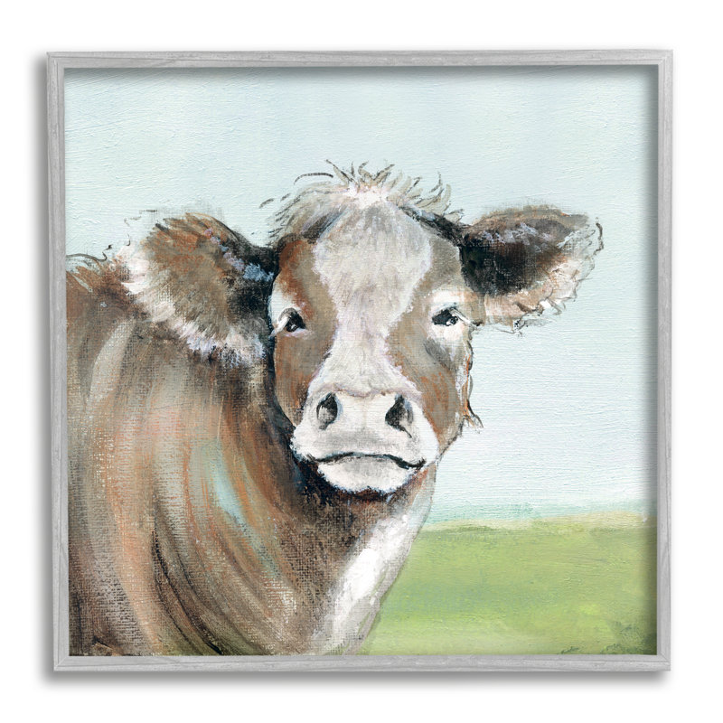 «Cow Cowing Farm Pasture Clear Blue Sky», art texturé sur giclée sur blanc, Estampe numérique Farmhouse, H 17 po x l 17 po