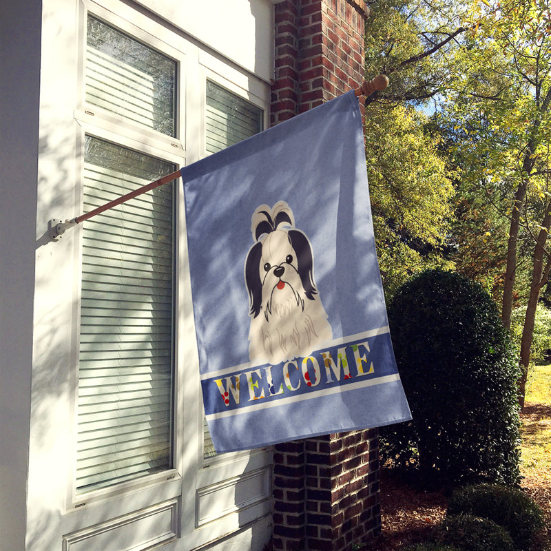 Polyester 2 côtés 40 x 28 po welcome drapeau maison, Shih Tzu noir / blanc assis