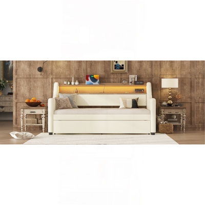Twin Size Daybed With Trundle, Upholstered Daybed With Charging Station And LED Lights by Latitude Run
