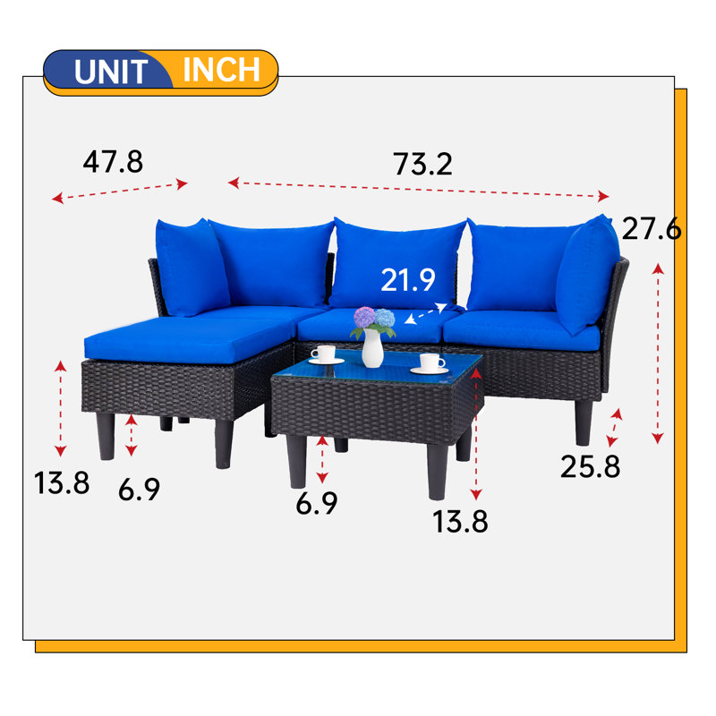 Ensemble de conversation de patio pour 4 personnes avec coussins Dornisha pour terrasse de jardin et terrasse, Bleu