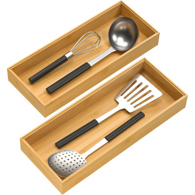 Set Of 2 Bamboo Drawer Organizers Stackable Utensil Trays