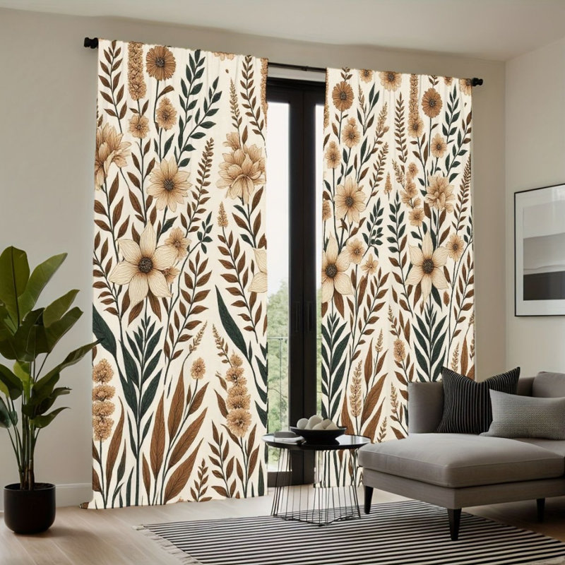 2Pcs Rustic Floral Curtains, Beige Cream Brown Botanical Design, Rod Pocket Light Filtering, Vintage Farmhouse Style, All-Season For Living Room Bedroom Window Decor