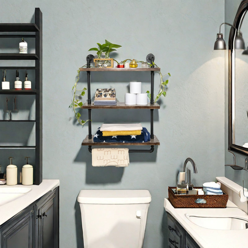 Industrial Pipe Floating Shelves With Towel Bar, 24 Inch Farmhouse Vintage Style Shelf For Bathroom, Wall Mounted (3 Tiers)