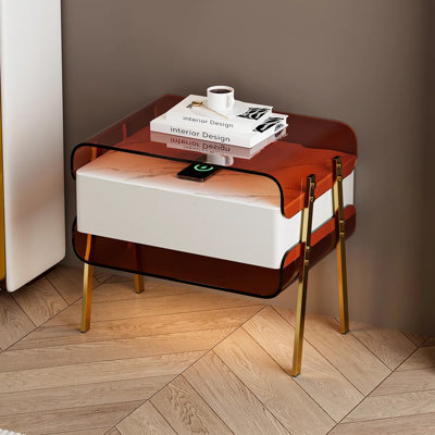 Modern Lighted Nightstand With Wireless Charging & Sensor Light Acrylic Bedside Table With Drawer