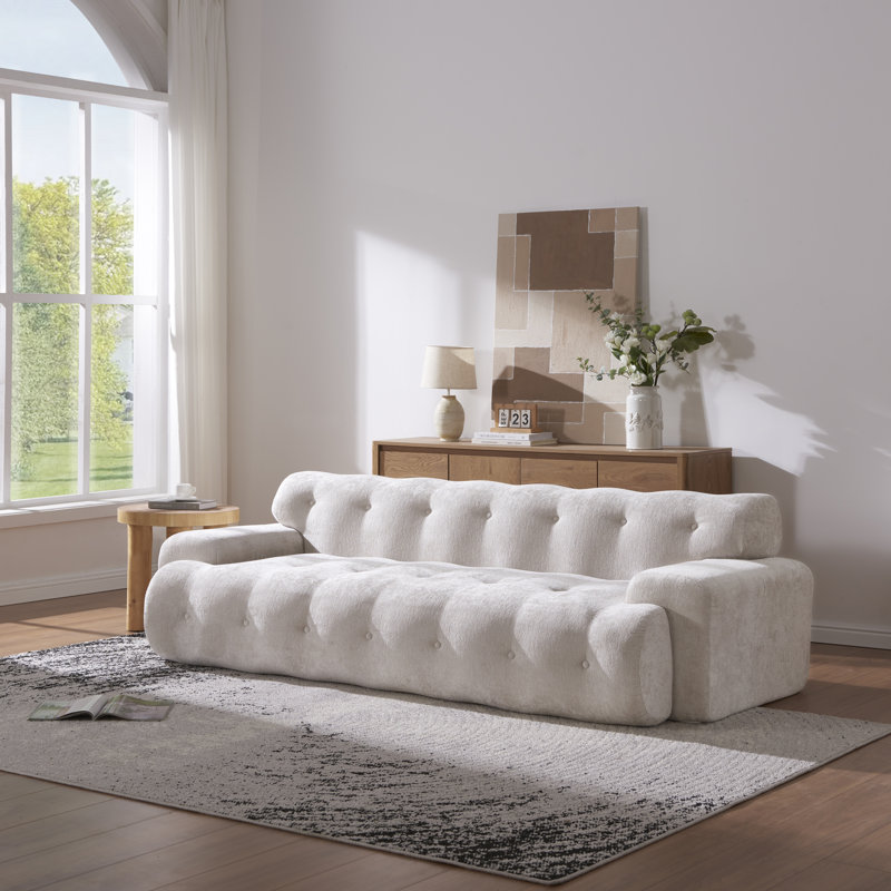 Alora Boneless Cloud 3-Seater Modern Upholstered Sofa With Button-Tufted Detailing, Silver Lining