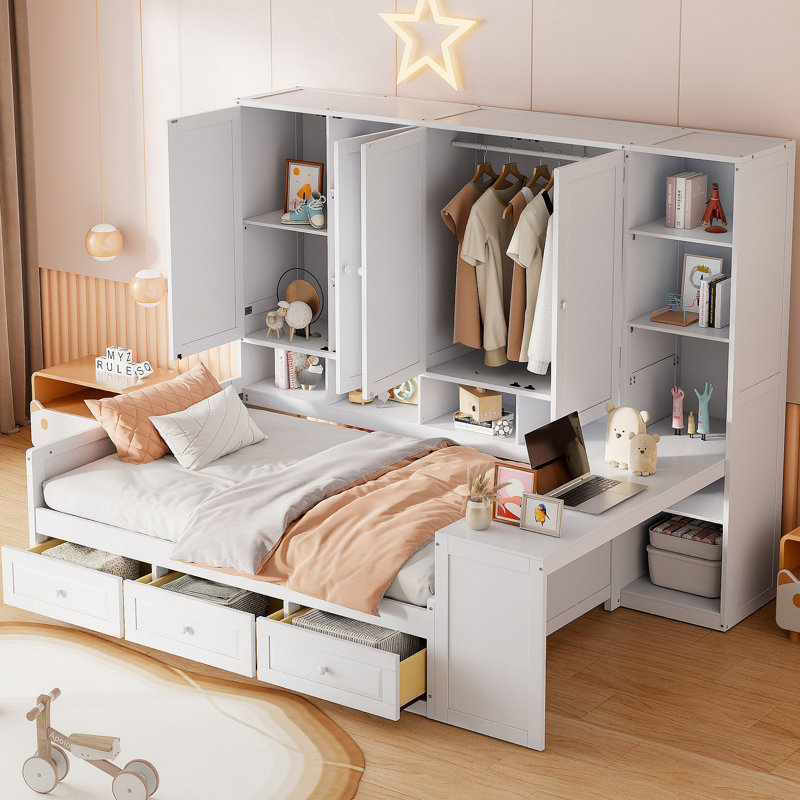 Lit de jour en bois avec trois tiroirs, armoire tout-en-un, bureau et tablettes, Blanc, Lit double