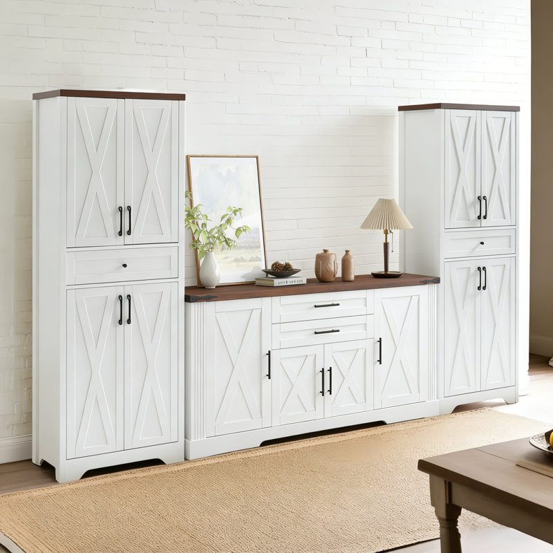 Ensemble de buffet 3 pièces avec rangement 3 pièces Farmhouse, Blanc / Brun