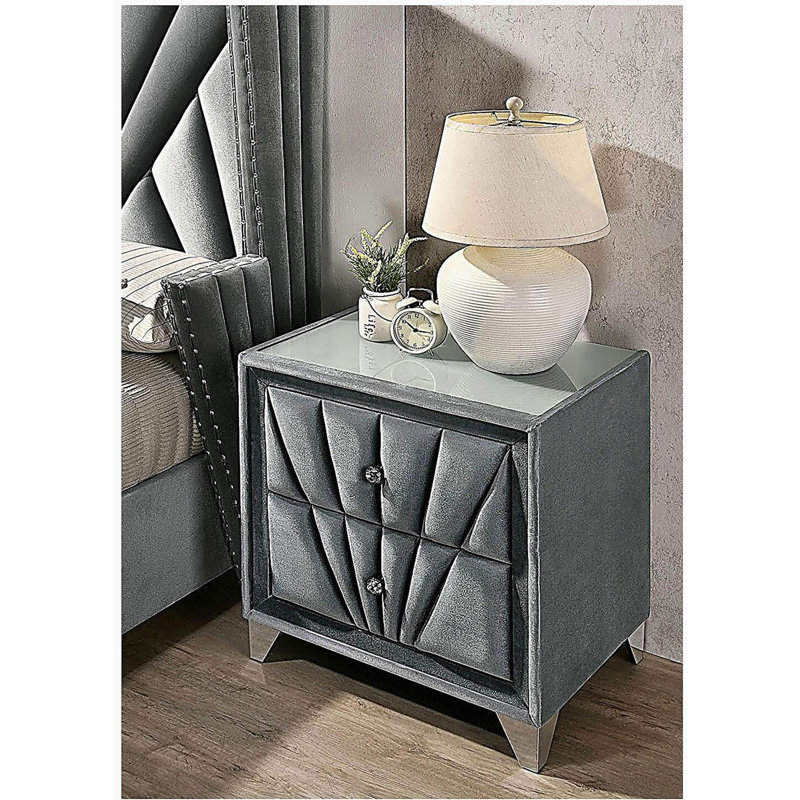 Fabric Upholstered Nightstand with 2 Drawers, Gray