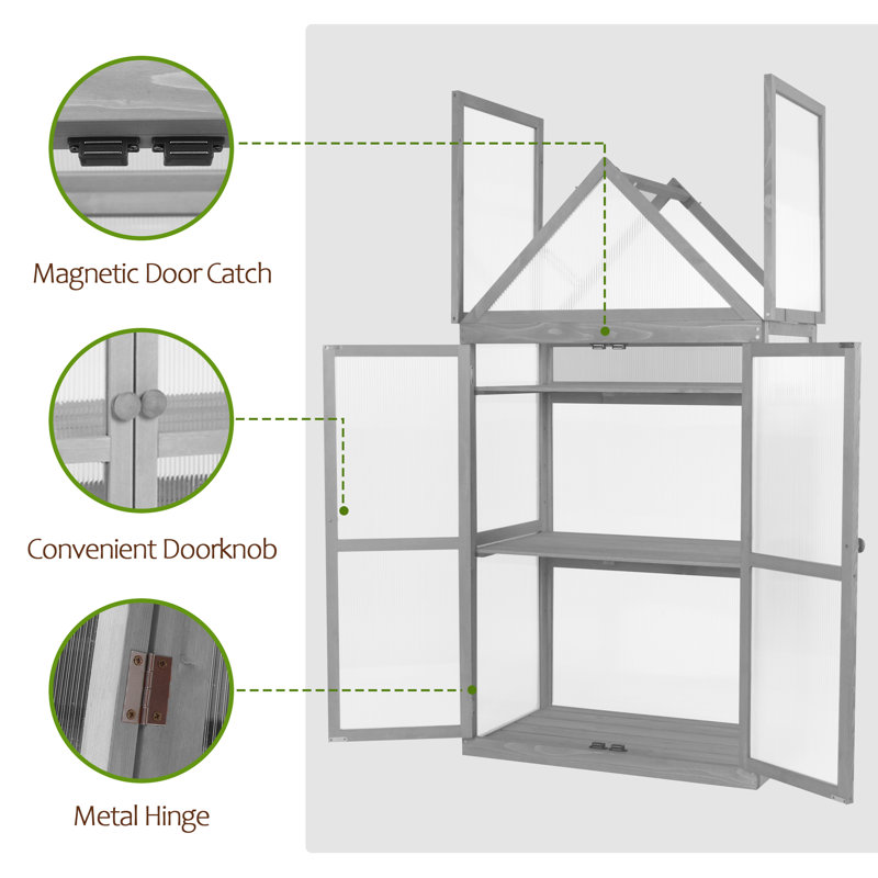 Gray Fir Wood Garden Greenhouse with Adjustable Shelf