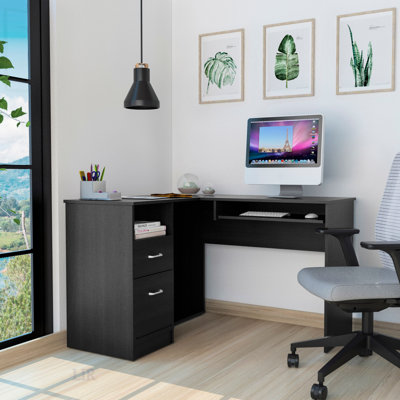 L-Shaped Desk, Keyboard Tray, Two Drawers, One Open Shelf