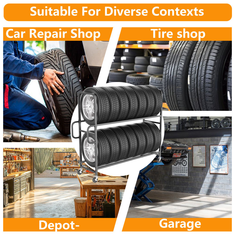 Adjustable Tire Storage Rack , 500lb Load RatingRolling Tire Organizer Holder for 8+ Tires, Commercial Steel Constructe