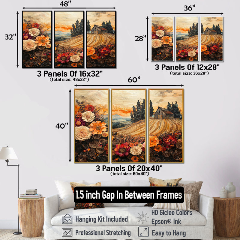 Assortiment de bouquets de fleurs, paysage de grange II - campagne, art mural - ensemble de 3, H 40 po x l 60 po, Noir