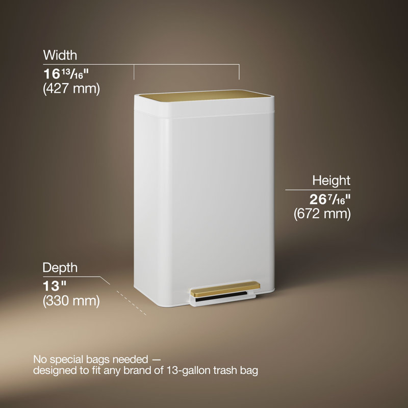Reset 13 Gallon Kitchen Trash Can, Stainless Steel Hand Free Step Trash Can with Quiet-Close Lid, White/Brushed Brass