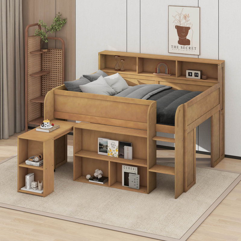 Lit mezzanine double en bois avec plusieurs tablettes de rangement, bureau et DEL, Noyers