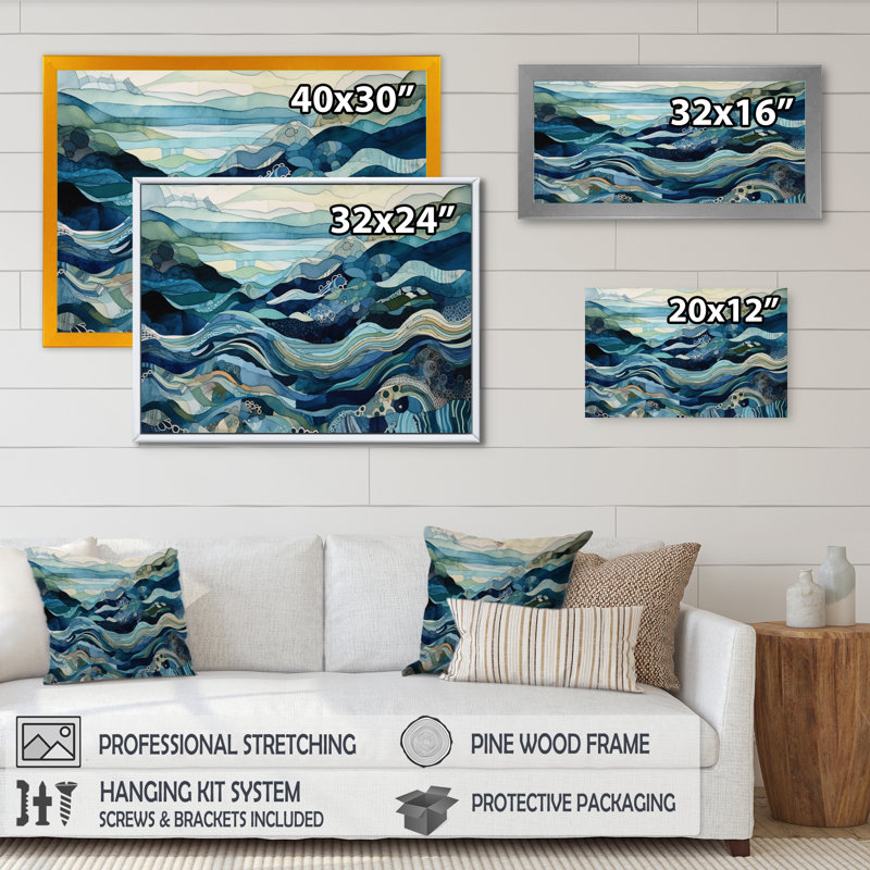 Vagues bleues dorées sur toile, H 16 po x l 32 po x P 1 po, Cadre flottant doré