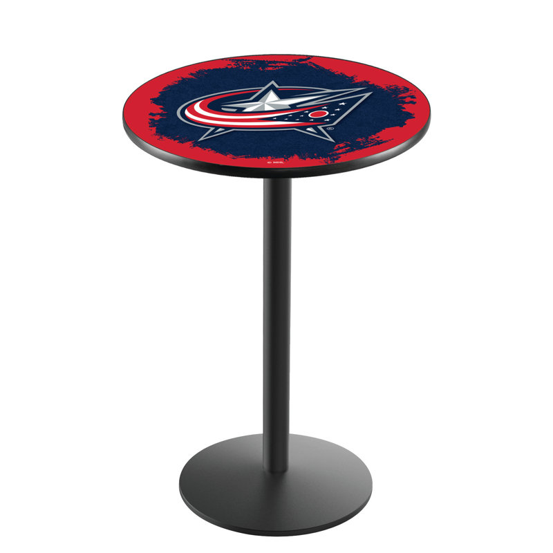 NHL Round Metal Base Dining Table, Black Wrinkle, Columbus Blue Jackets