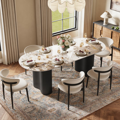 Table de salle à manger ovale moderne 71 "pour 6 personnes Jamani, plateau en pierre frittée blanc brillant, pieds en bois massif