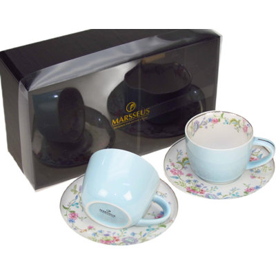 Service de 2 tasses en porcelaine pastel 24 cl avec soucoupes de 14,5 cm, Collection Glamour by Marsseus, coffret cadeau, Motif floral