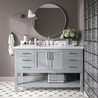 Moille Laveda 55" Single Bathroom Vanity in Grey, with 1.5 Pure White Quartz Top, Rectangle Sink
