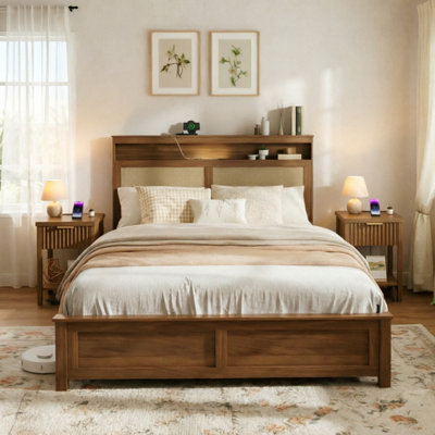 3-piece King Bedroom Set,1 Boucle Upholstered Bed Frame and 2 Nightstands with LED and Charging Station