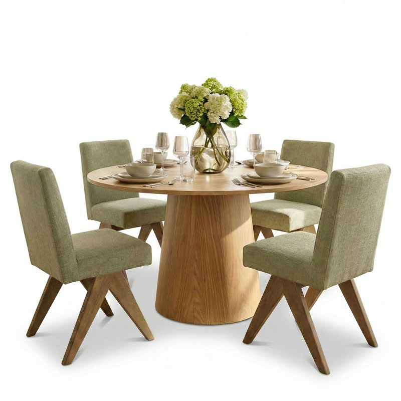 Gregg 4 - Person Dining Table Sets With 52'' Round Table & 4 Upholstered Solid Wood Chairs, Green