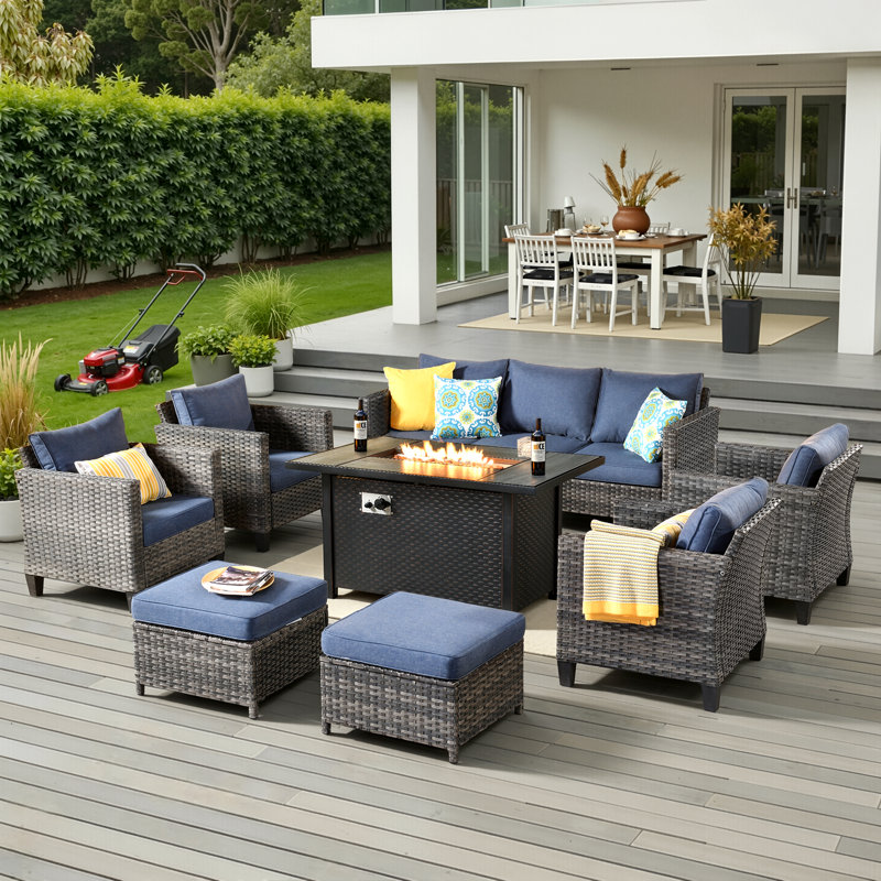 Ensemble de conversation pour 7 personnes avec coussins Allcot, Bleu denim