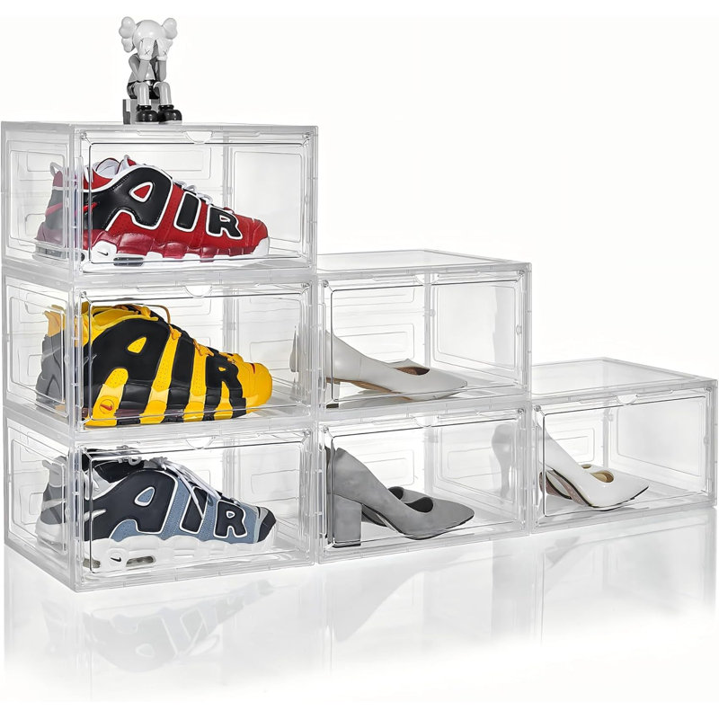 Clear Plastic Stackable Shoe Storage Box Organizer With Large Magnetic Door For Sneaker Display And Easy Assembly
