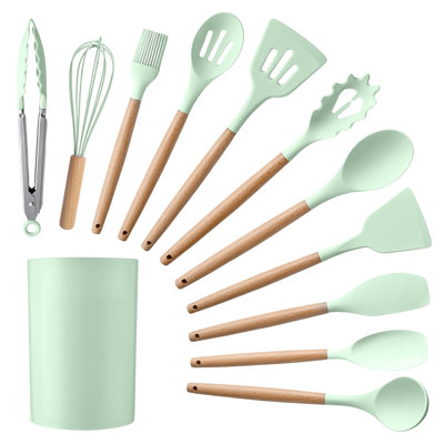 Silicone Kitchen Utensils Set With Non-Slip Wooden Handles And Organizer Holder
