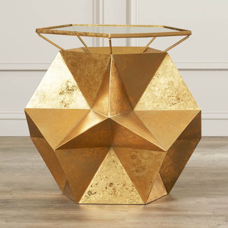 Table de bout pentagonale en fer avec plateau en verre