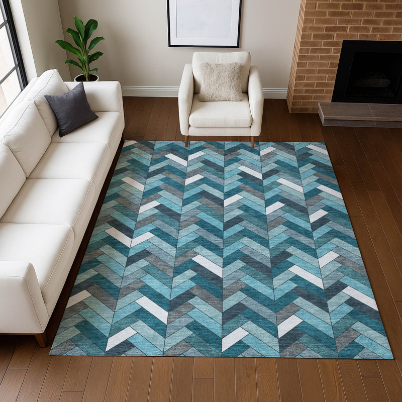 Premium Machine Washable Mayfield AMF2296 Geometric Rug, Teal, 8' x 10'