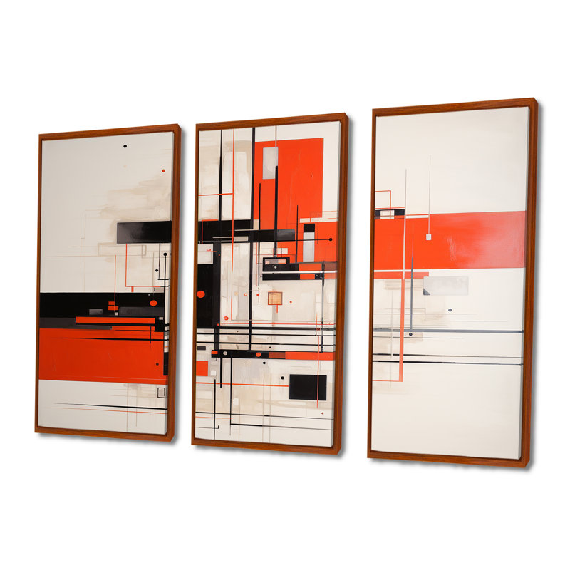 Rouge, noir, blanc, rétro, géométrie, ensemble d'art mural géométrique, H 28 po x l 36 po x P 1 po, Cadre flottant brun