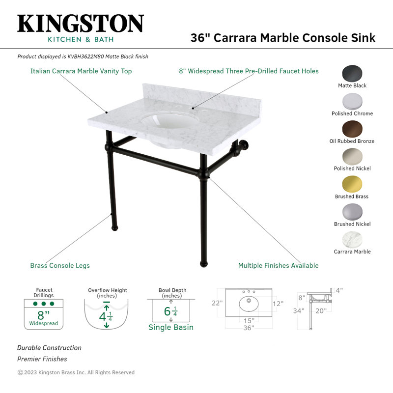 Kingston Brass Templeton 36-Inch Carrara Marble Console Sink with Brass Legs (8-Inch, 3-Hole), Brushed Brass