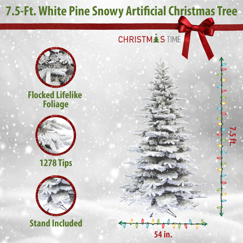 Christmas Time 7.5 ft. White Pine Snowy Unlit Artificial Christmas Tree