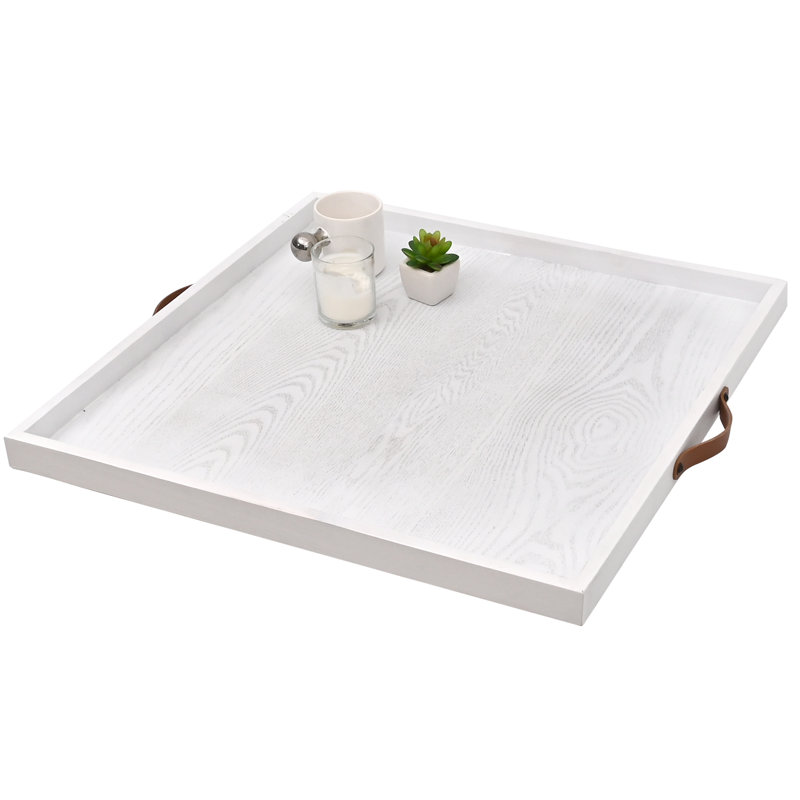 Très grand plateau de repose-pieds carré en bois 24 po x 24 po avec poignées en cuir, Blanc