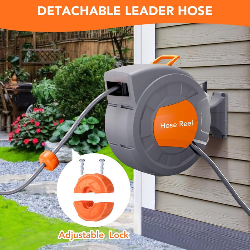 Garden Hose Reel, 1/2 In X 100 Ft Wall Mounted Retractable Water Hose Reel With 9 Function Sprayer Nozzle, Any Length Lock, 180° Swivel Bracket, Automatic Rewind And Slow Return System