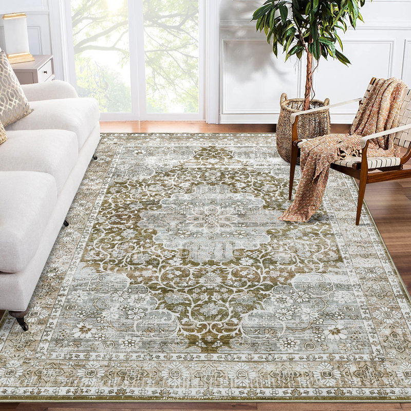 Farquhar Oriental Machine Washable Rug with Rubber Backing for Living Room Floral Non-Slip Area Rug Vintage Indoor Carpet Non-Shedding Rug for Bedroom Dining Room Hallway Kitchen Office Playroom Nursery