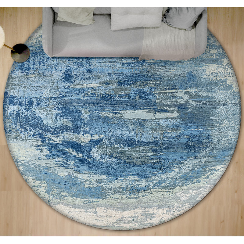 High-Quality Hand-Knotted Silver And Blue Area Rug, Silver And Blue, Round 8'