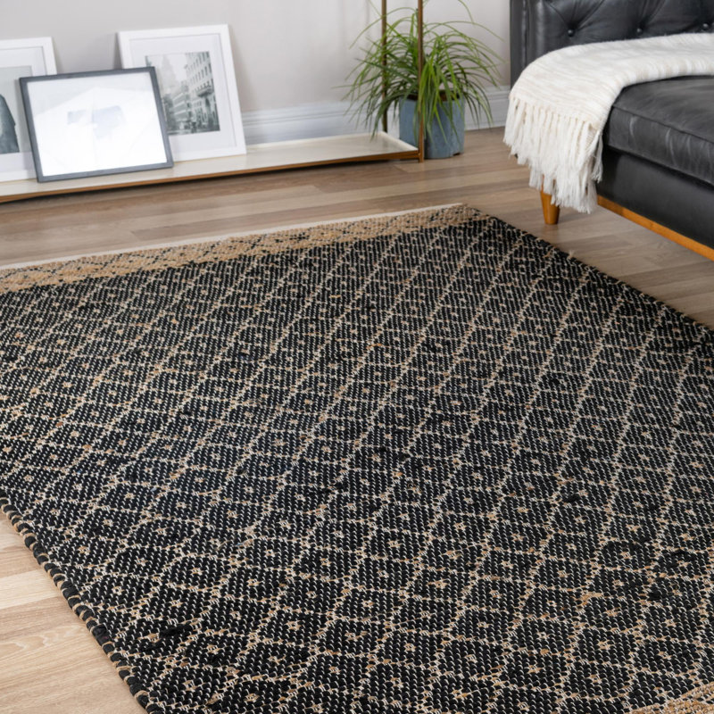 Tapis noir en jute / sisal tissé à plat à la main Asad, Rectangle 10 pi x 14 pi 1 po