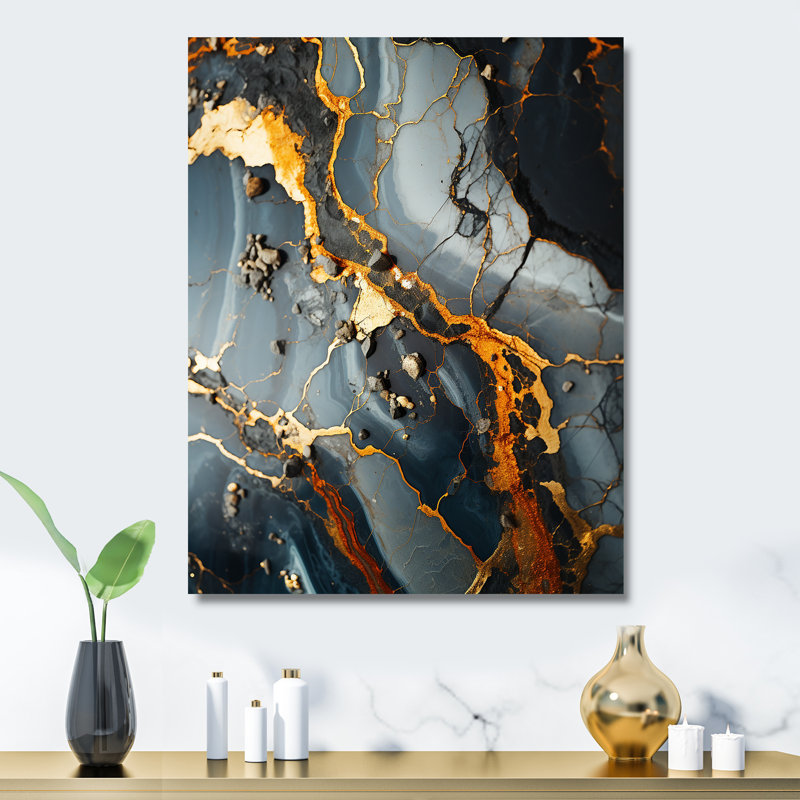 Gris et or abstrait marbre granit II - impression abstraite d'art mural en métal, H 32 po x l 16 po x P 1 po