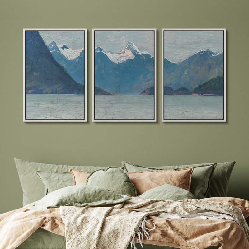 «Mountain Lake Majesty Alpine Landscape Rustic Nature Landscape Illustration Modern Art Decor Rustic», 3 pièces, Blanc